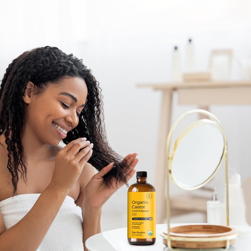 Zen Routine Organic Golden Castor Oil Glass Bottle 16oz (Single) — Hexane Free – Cold Pressed Unrefined – For Hair Growth, Lashes & Castor Pack Wrap – USDA Certified — Made in USA