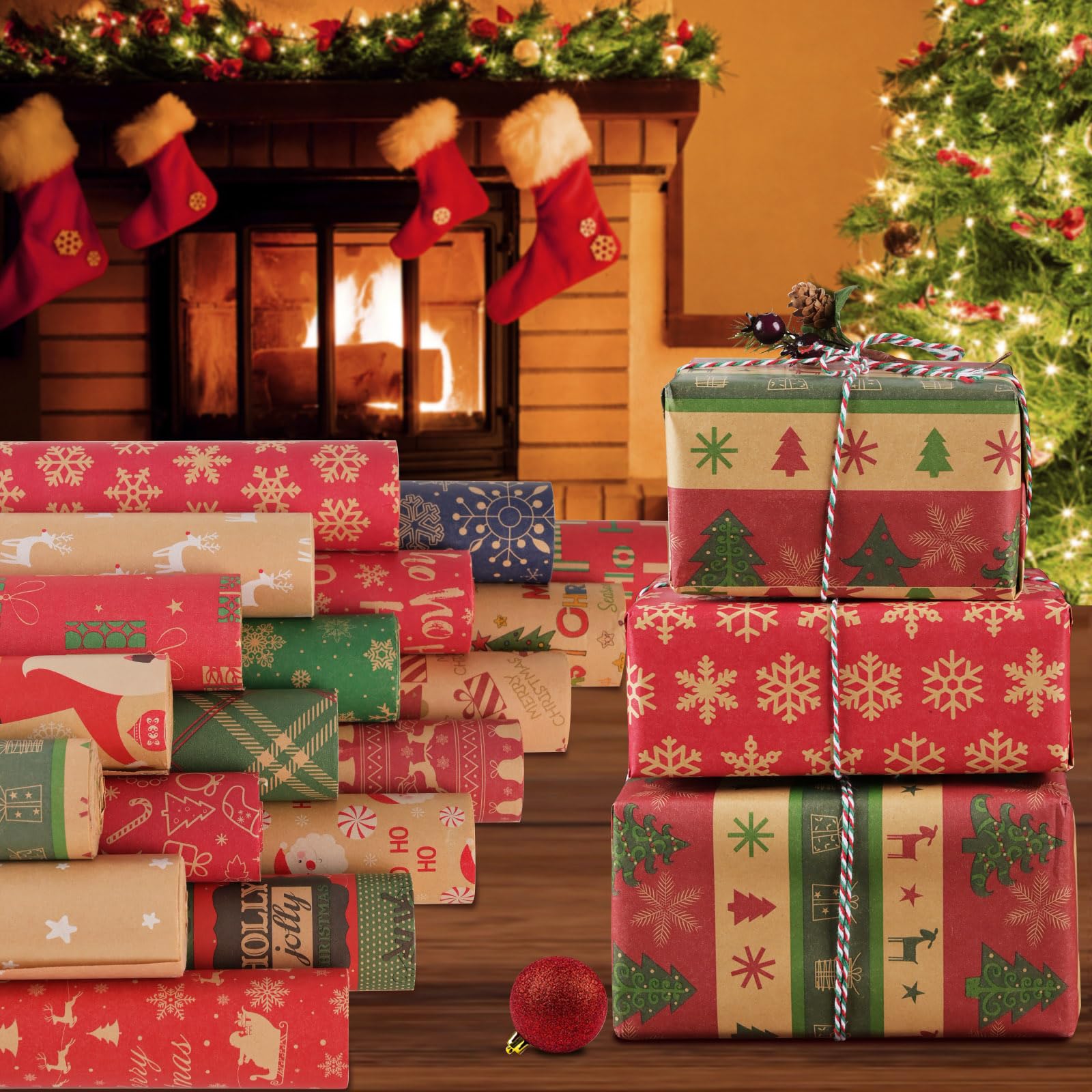 AhfuLife 2 Rolls Christmas Wrapping Paper - 17 Inch × 49.2 Ft Per Roll, Recyclable Red Kraft Xmas Wrapping Paper for Christmas Gift Box Decoration