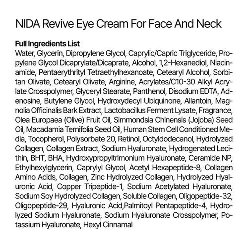 NIDA Revive Eye Cream For Face And Neck | Probiotic Solution, Retinal, Peptide | Wrinkles, Fine Lines, Cell Turnover, Firm Skin Texture, Radiant Skin, Moisture Retention | 1.35 fl. oz., 40ml