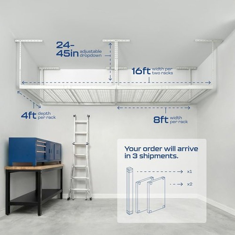 MonsterRax Overhead Garage Storage Rack - 2-Pack Adjustable Ceiling Shelves | White, 24"-45" Height