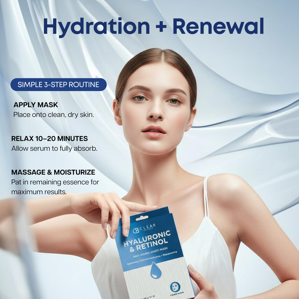 Clear Beauty Sheet Mask with Hyaluronic Acid & Retinol – Hydrating & Anti-Aging Formula For Dry, Dull, Wrinkled Skin – Dermatologist Tested, Korean Skin Care – Vegan Clean Beauty – 5 Sheets