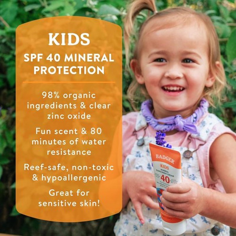 Badger Kids Mineral Sunscreen Cream SPF 40 - 98% Organic, Water Resistant & Reef Friendly | 2.9 fl oz