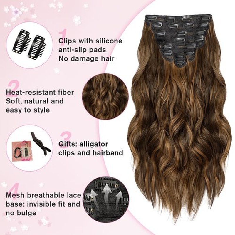 Hair Extensions Clip Ins, 8PCS 20 Inch Wavy Dark Brown Mix Light Brown Clip in Hair Extensions, Synthetic Lace Weft Hairpieces for Women Daily Party Use