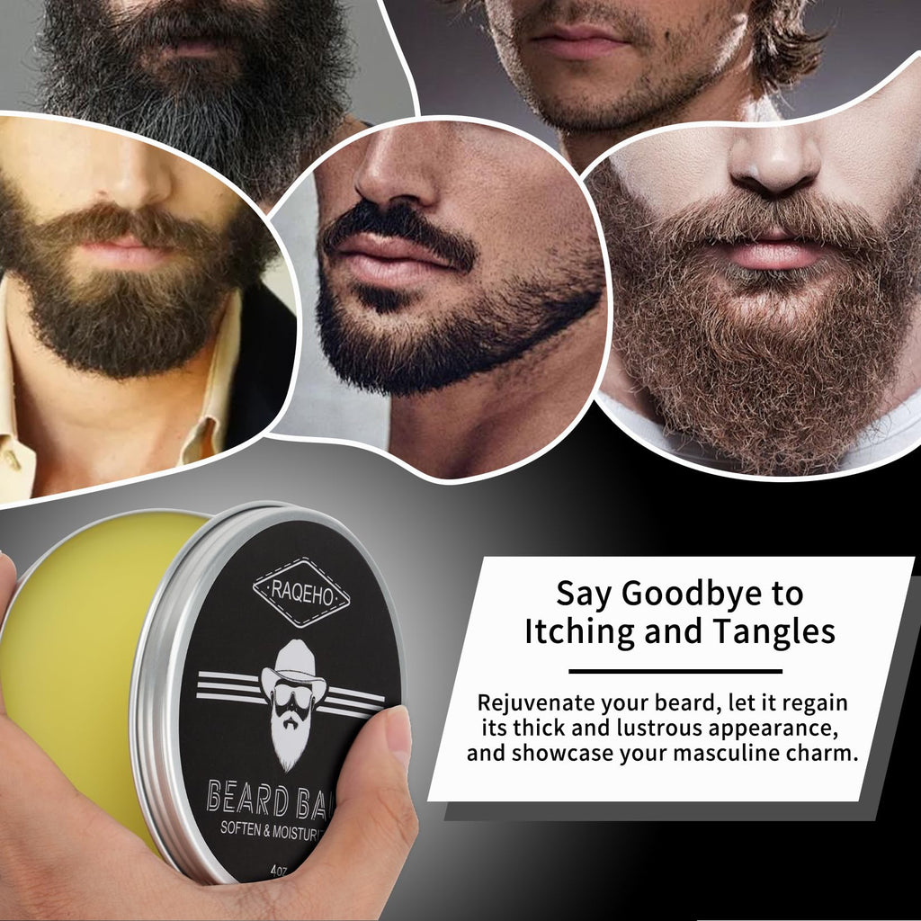 RAQEHO 4oz Beard Balm for Men - Mustache Wax Mens Beard Leave In Conditioner Butter Wax Cream Softener Shea Moisturizer Grooming Styling Dandruff Treatment Maintenance Gifts Care Products(Sandalwood)