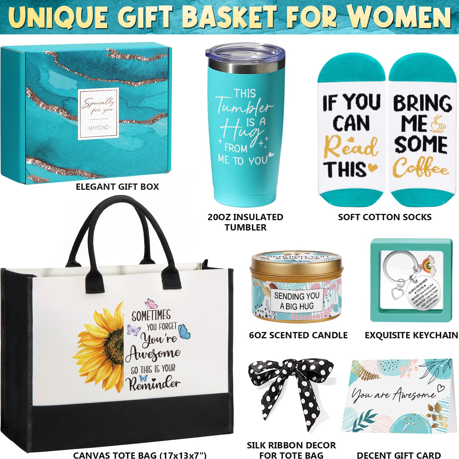 Birthday Gifts for Women Friendship, Self Care Package for Women Inspirational Get Well Soon Gift Basket Mothers Day Thinking of You Gift for Mom Her Friend Sister Wife Coworker w/ Canvas Tote Bag