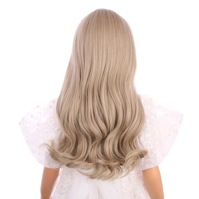 Edivd Mixed Blonde Wig for Kids Child Long Ash Blonde Wig with Flat Bangs Long Wavy Curly Wigs for Girls Heat Resistant Synthetic Wigs with Cap