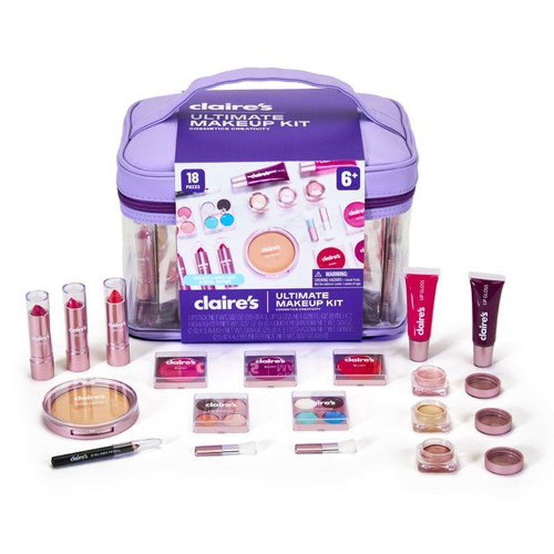 Claire's Ultimate Makeup Kit, 18-Piece Real Cosmetic Set, Makeup for Kids 8-12, Girl Toys & Beauty Activity Gift with Lip Gloss, Lipstick, Eyeshadow, Eyeliner, Blush, Highlighter & Carry Case