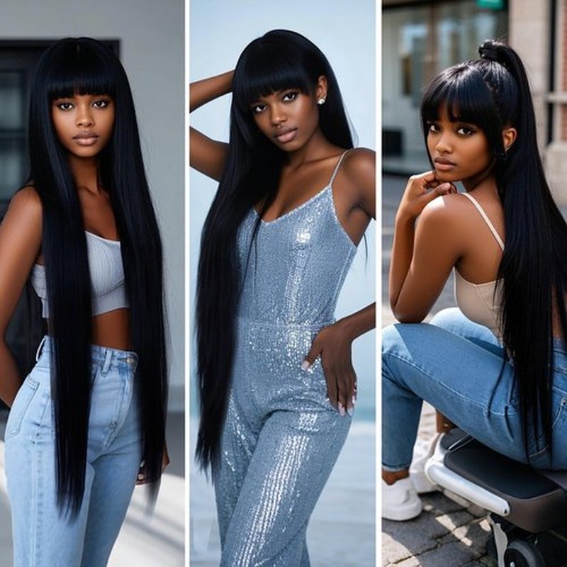 Dream Zimi 48 Inches Surper Long Straight Wig for Women Flat Bangs Soft Yaki Kinky Wigs for Daily Party Halloween Christmas Cosplay Wig Synthetic Hair Black 120CM