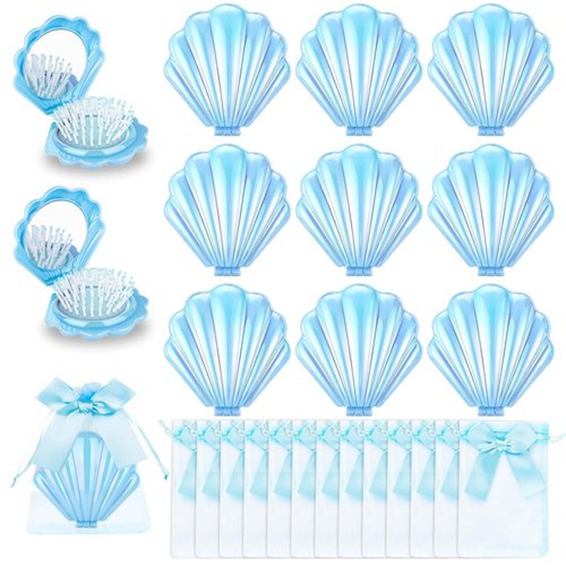 MAMODA 12 Pcs Shell Mirror Hair Brush Mermaid Birthday Party Favors Travel Comb for Women Teen Girls Kids Mini Gift Little Mermaid Party Favors (Blue)