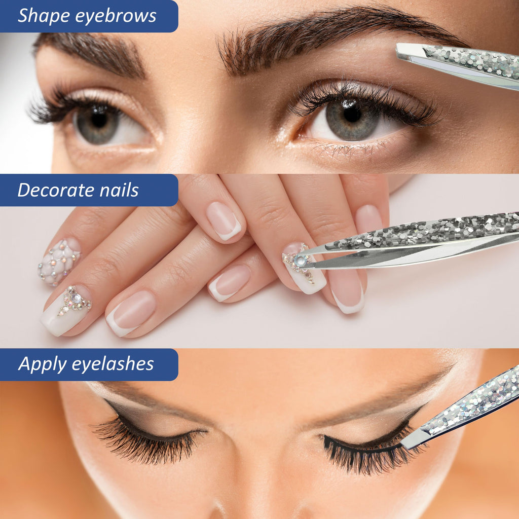 2pc Silver Glitter Tweezer Set - Pointed & Slanted Stainless Steel