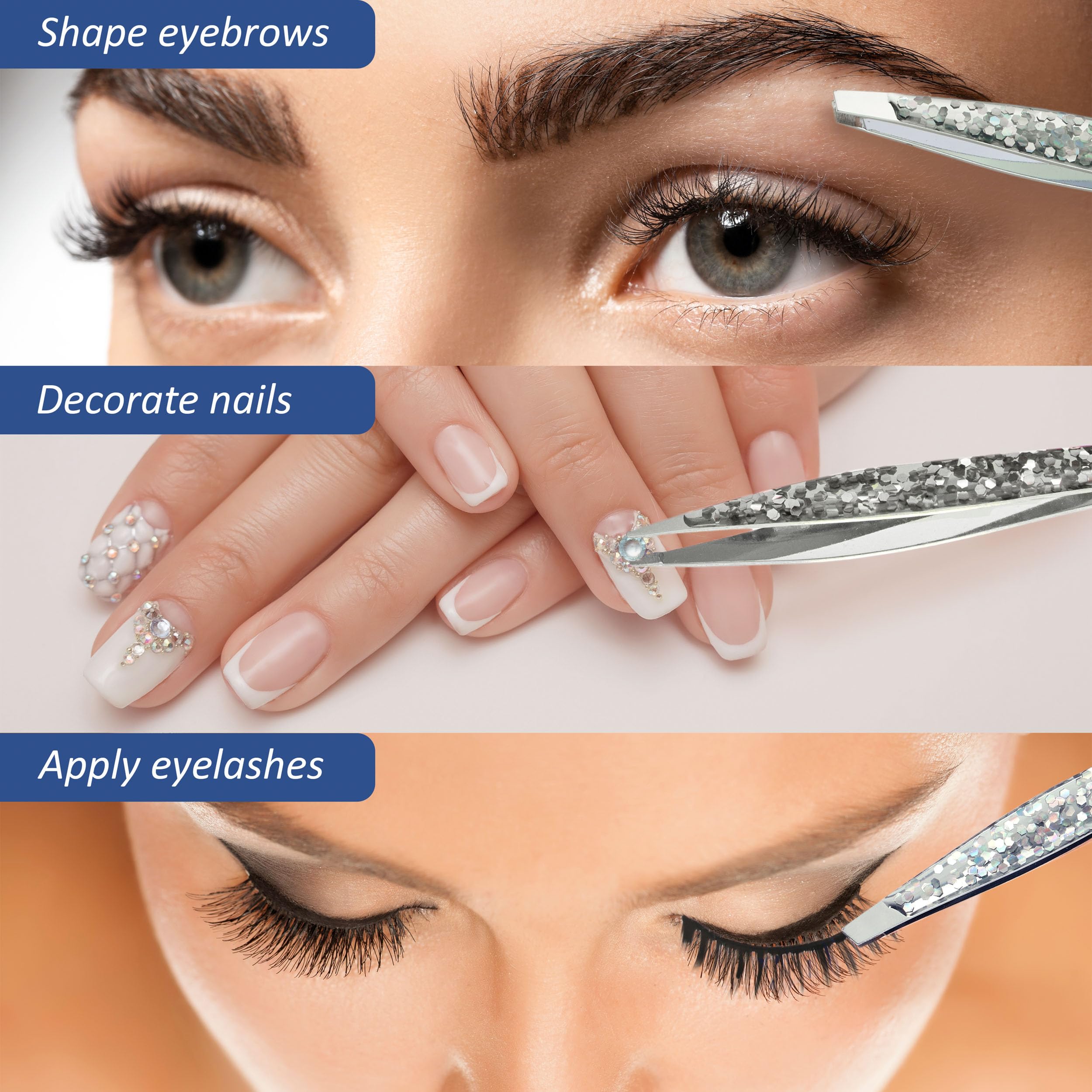 2pc Silver Glitter Tweezer Set - Pointed & Slanted Stainless Steel