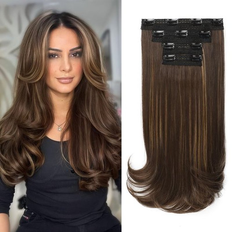 NTYNTY Clip in Hair Extensions, 4PCS 16 Inch Clip in Extensions for Women Layered Cut Natural Lightweight Hairpieces with Thinner Softer Invisible Weft - Dark Brown with Highlights
