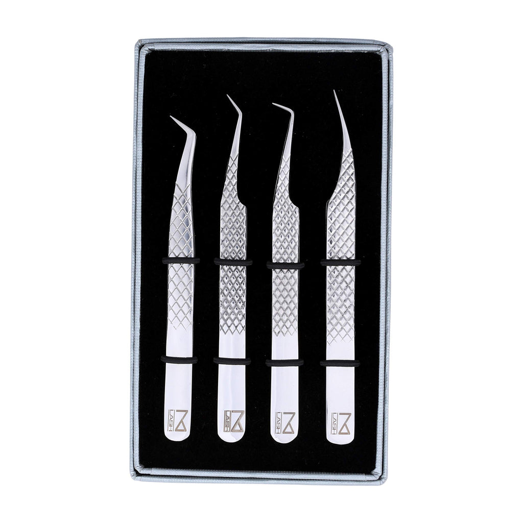 M LASH tweezers for Eyelash Extension (Set of 4) - Professional & Precision Eyelash tweezers - Japanese Steel, Diamond Grip, Fiber Tip V3 lash applicator tool (Silver)