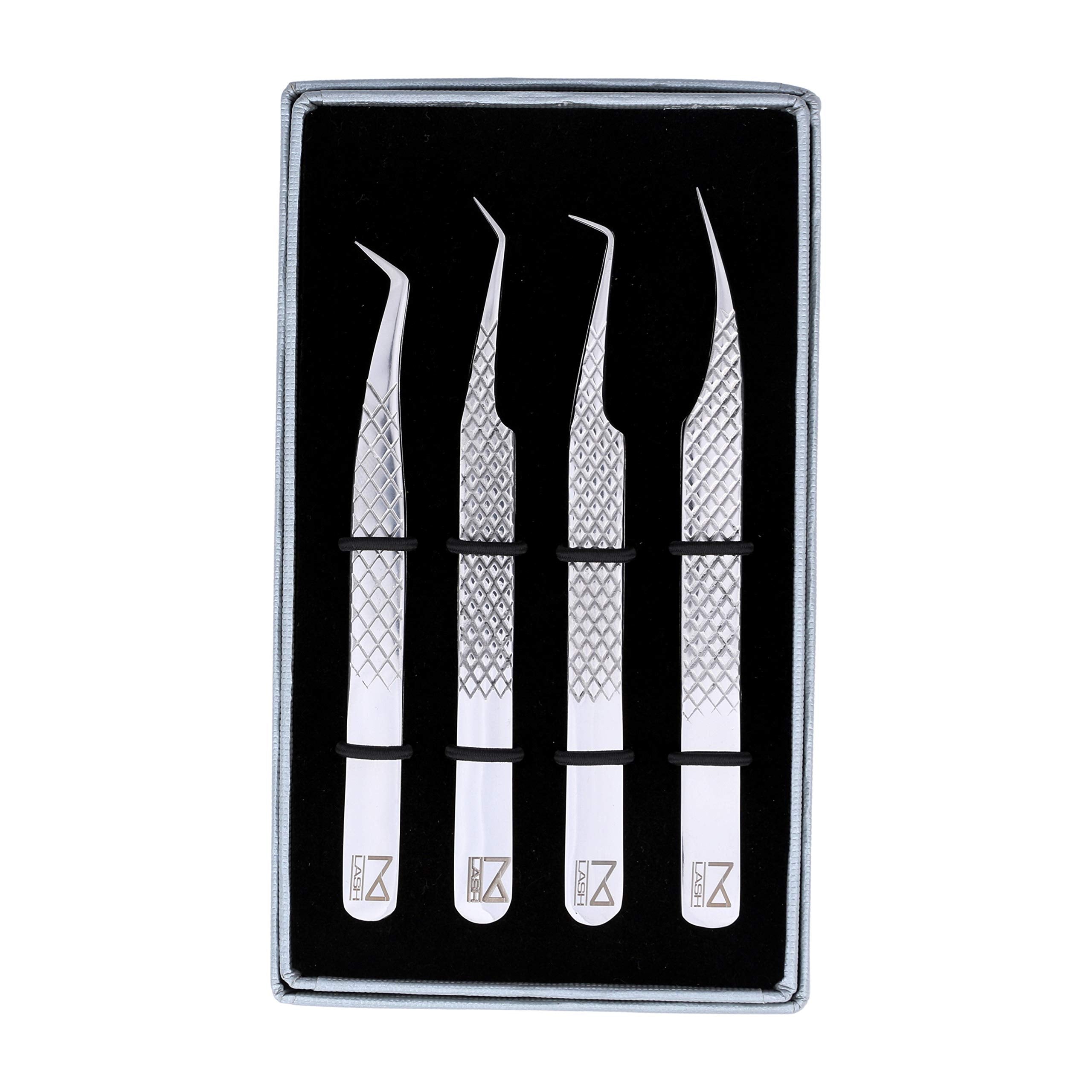 M LASH tweezers for Eyelash Extension (Set of 4) - Professional & Precision Eyelash tweezers - Japanese Steel, Diamond Grip, Fiber Tip V3 lash applicator tool (Silver)