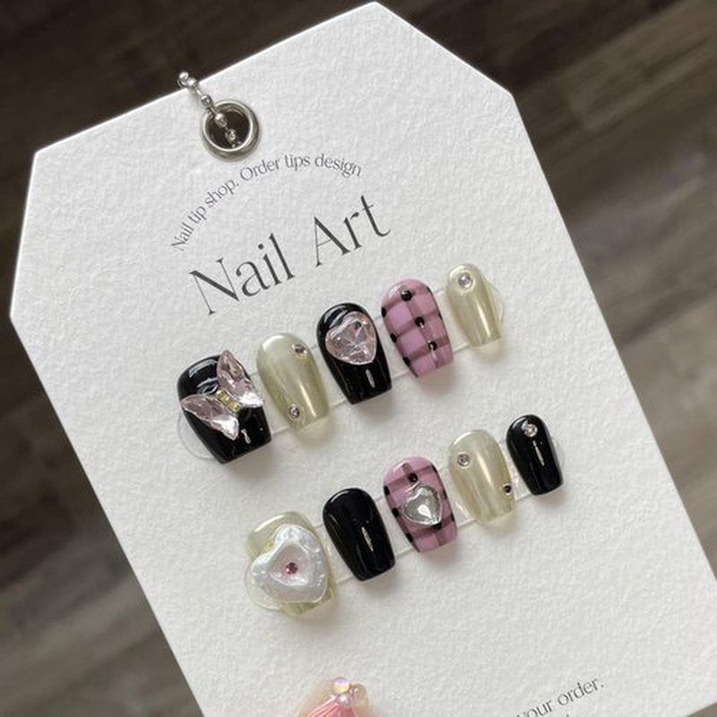 NLSJMP,10Pcs,Size S, 3D Handmade Short Square Press on Nails, Acrylic Fake Nails Kit,Rhinestone Glitter Design Nail Art Kit,Reusable False nails,Include Toolkit,Butterfly
