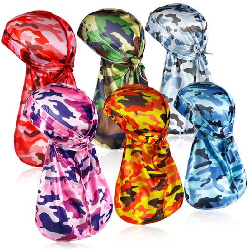 Tarpop 6 Pcs Camo Durag for Men Silky 360 Waves, Colorful Camo Durag Design Du Rag Cap for Men and Women Hip Hop Rapper