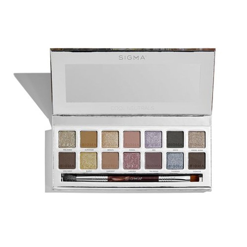 Sigma Beauty Cool Neutrals Eyeshadow Palette — Dual-Ended Brush, 14 Cool-Toned Eye Shadows - Includes Mirror, Waterproof Technology, Mixture of Finishes