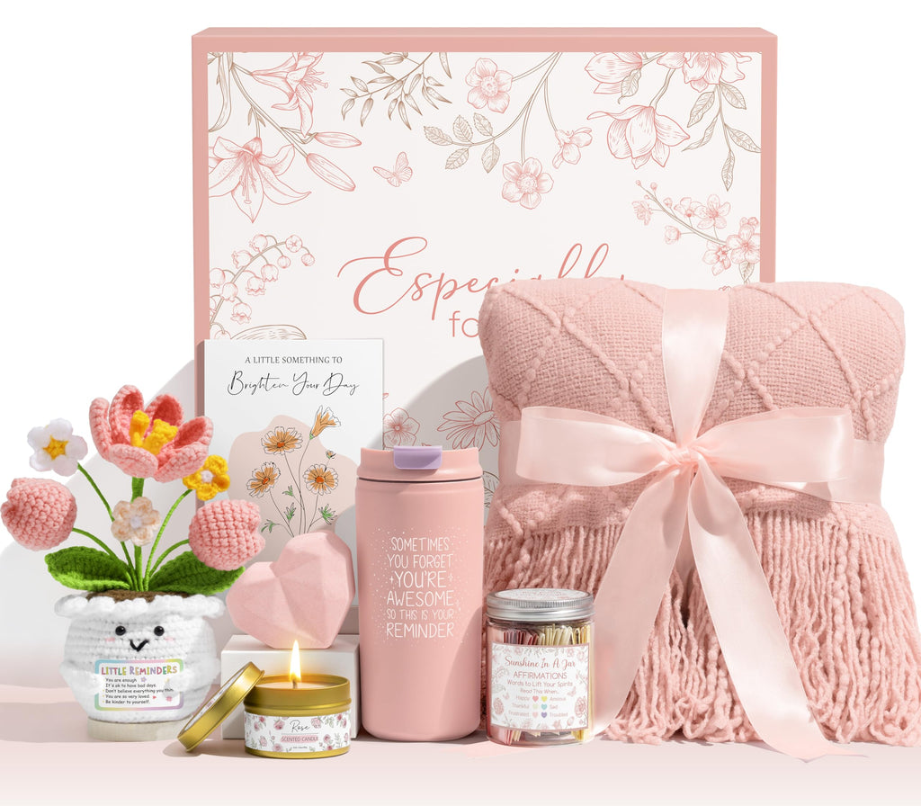 Birthday Gifts for Women Get Well Soon Gift Baskets, Self Care Package for Women w/Crochet Tulip Flower, Spa Sympathy Gift Basket Thinking of You Inspirational Gifts Set for Mom Her Friend Wife Sister
