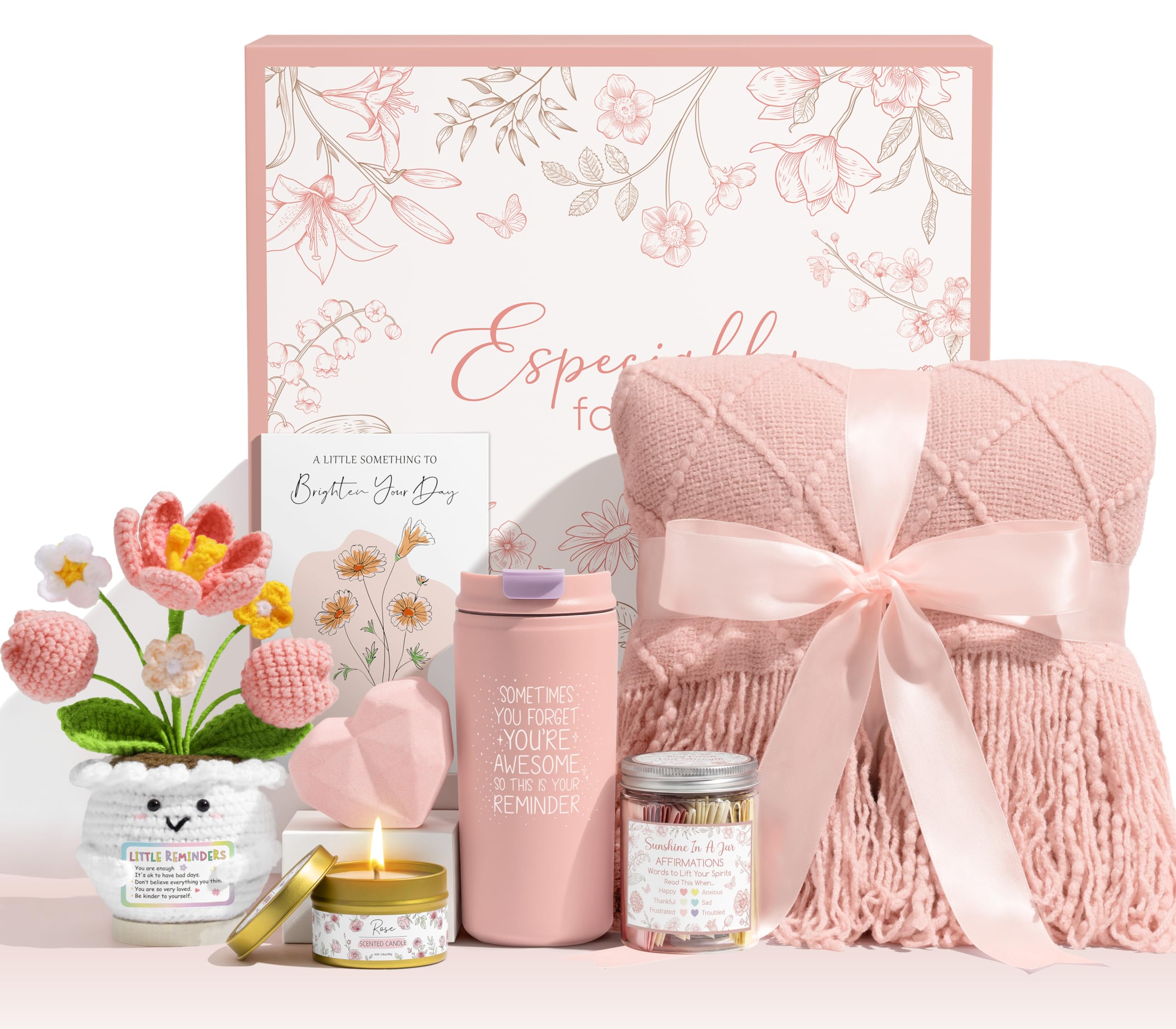 Birthday Gifts for Women Get Well Soon Gift Baskets, Self Care Package for Women w/Crochet Tulip Flower, Spa Sympathy Gift Basket Thinking of You Inspirational Gifts Set for Mom Her Friend Wife Sister