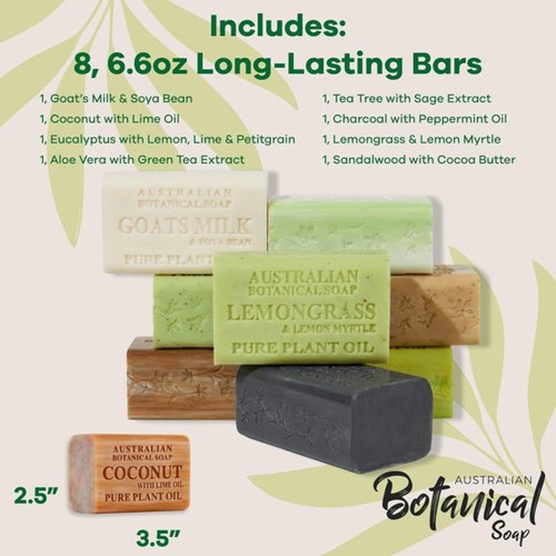 Australian Botanical Soap Variety Pack, 6.6 oz Bars – Goat Milk, Eucalyptus, Sandalwood, Coconut, Lemongrass, Aloe, Tea Tree, Charcoal – Enriched with Organic Shea Butter, Pack of 8