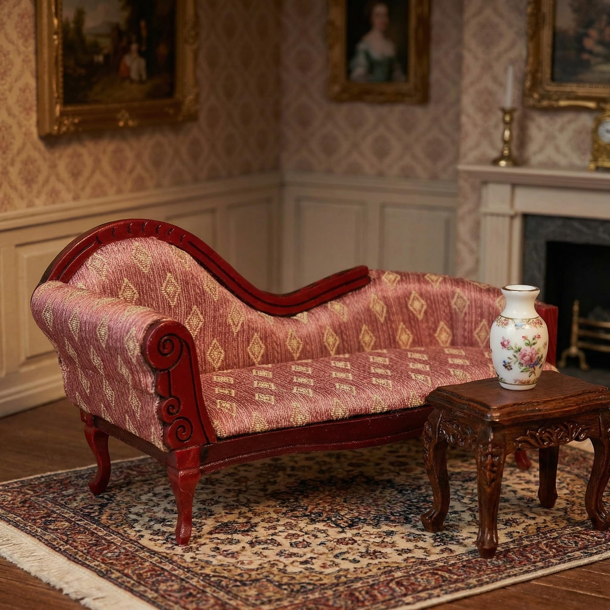 Angoily Miniature Chaise, 1/12 Scale Lounge Scale Vintage Floral Wood Sofa