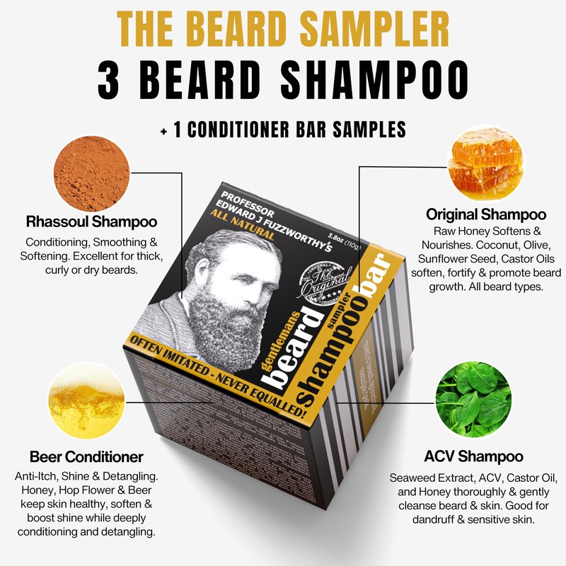 Professor Fuzzworthy's Beard Sampler Kit - Beard Shampoo & Conditioner Bar Sample Pack for Men | All Natural Grooming Gift Set for All Beard & Hair Types