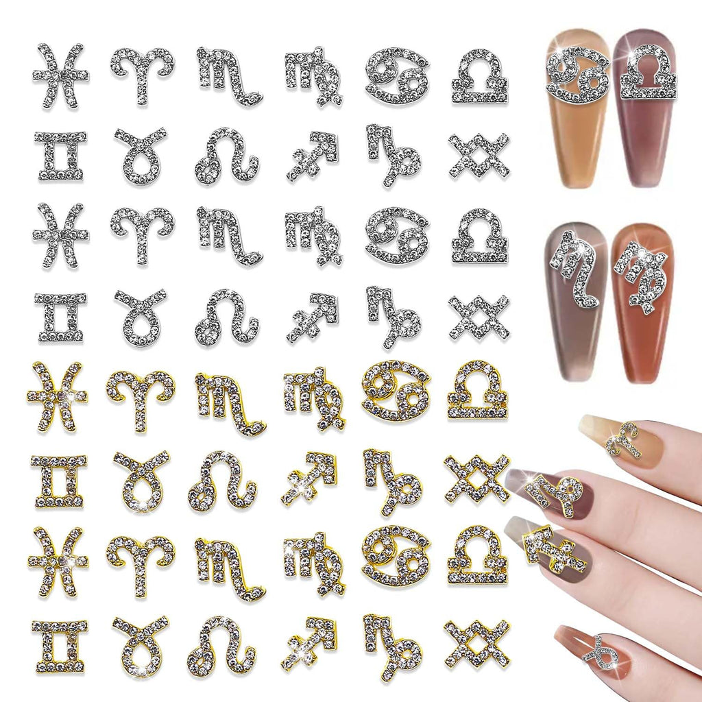YECIRALA 48 Pcs Gold and Silver Zodiac Nail Charms 4 Set 3D Zodiac Sign Nail Rhinestones Charms for Women Nails Jewelry Zodiac Charms for Nails Design Jewelry Making Charms Nail Art Decorations Gems