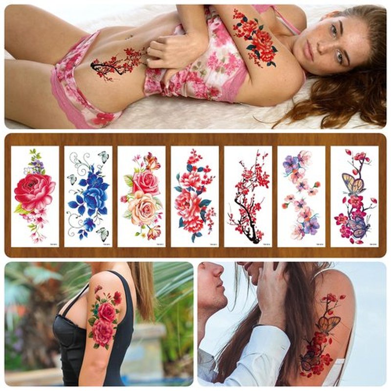 21-Sheet Floral Temporary Tattoos - Bright 3D Peony & Rose Designs - Waterproof Body Art for Women & Girls - Sexy Fake Tattoo Stickers