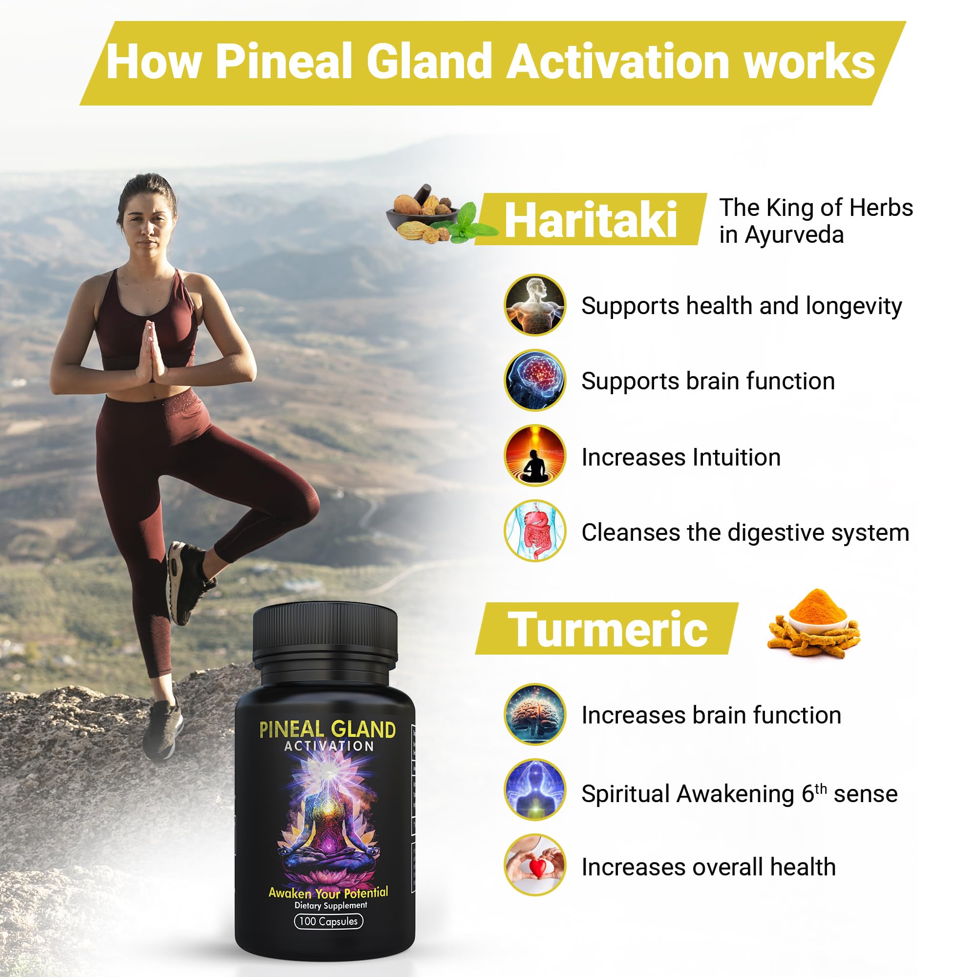 Kailash Herbals Pineal Gland Activation – Haritaki & Turmeric for Third Eye Awakening, Decalcification Support & Mental Clarity – King of Herbs – 5,000 Year Ayurvedic Formula – 100 Vegan Capsules