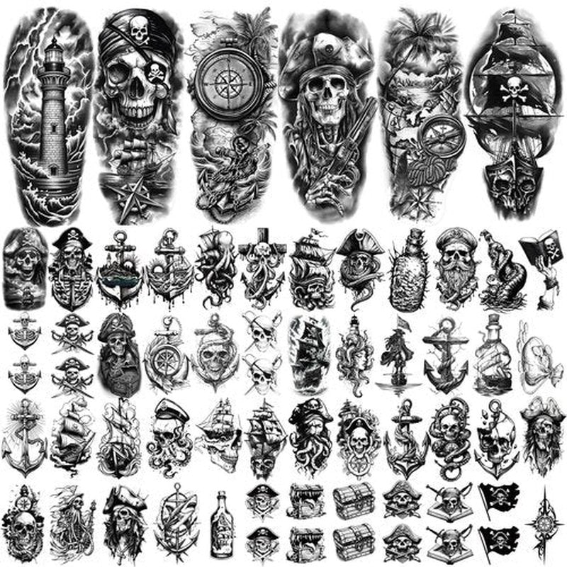 77 Sheets Pirate Temporary Tattoos Adult Men Kids Captain Pirate Ships Flag Sailor Anchor Sailboat Skull Fake Tattoos, Pirates Stickers for Costume Dress Up Makeup Party Accessories