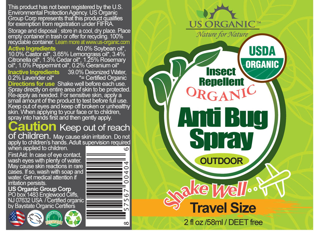 US Organic Mosquito Repellent Anti Bug Outdoor Pump Sprays, USDA Certification, Cruelty Free, Proven Results by Lab Testing, Deet-Free (2 oz Travel Size)