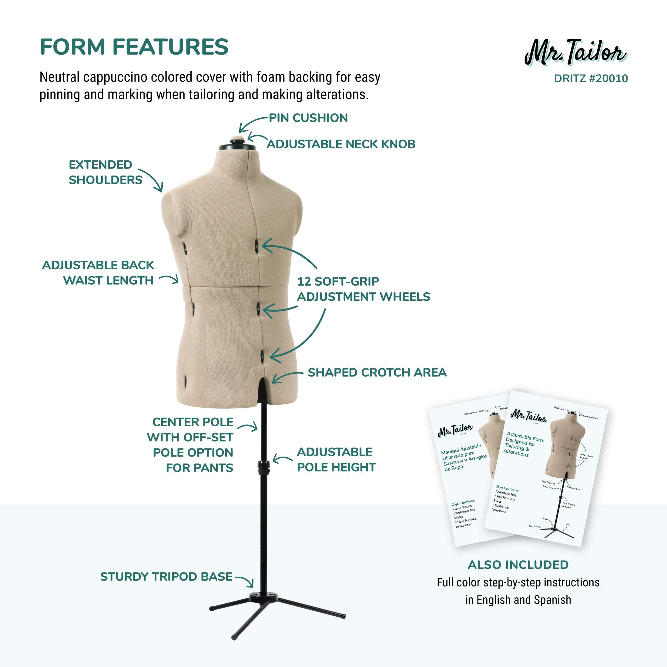 Dritz Mr. Tailor Adjustable Dress Form - Men Size US M-XL - Male Clothing Mannequin for Sewing, Fitting, and Draping - Pinnable Sewing Mannequin with 13 Dials for Fitting