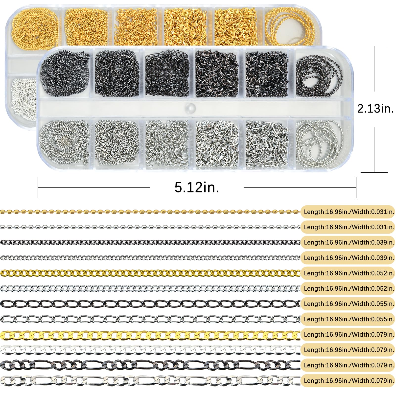 UWETIME 472 Inch Nail Chains for Nail Art 24 Strips 6 Style Gold Silver White Gold Black Metal Chain