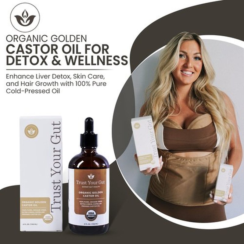 Trust Your Gut Organic Golden Castor Oil, 100% Pure Cold-Pressed Hexane-Free Extra Virgin Oil for Colon Cleansing, Gut Wellness, Skin Care, Healthy Nails & Hair Growth - 4 oz