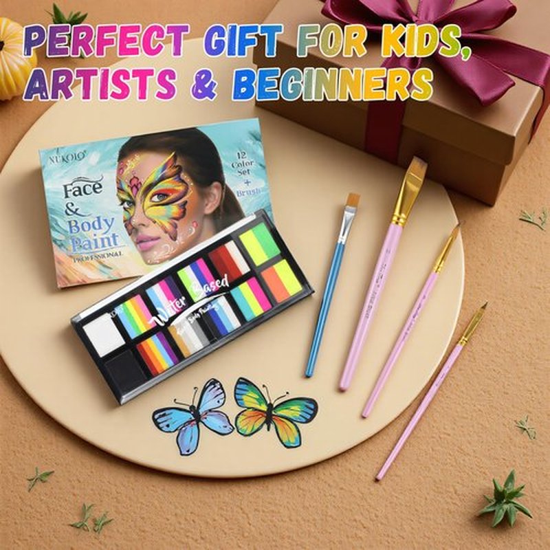 Face Paint Kit for Adults – 12 Color Rainbow Split Cake Face Painting Kit with 4 Brushes, Water Activated Face Paint Palette, Professional Facepaint Makeup Set for Halloween Cosplay Parties