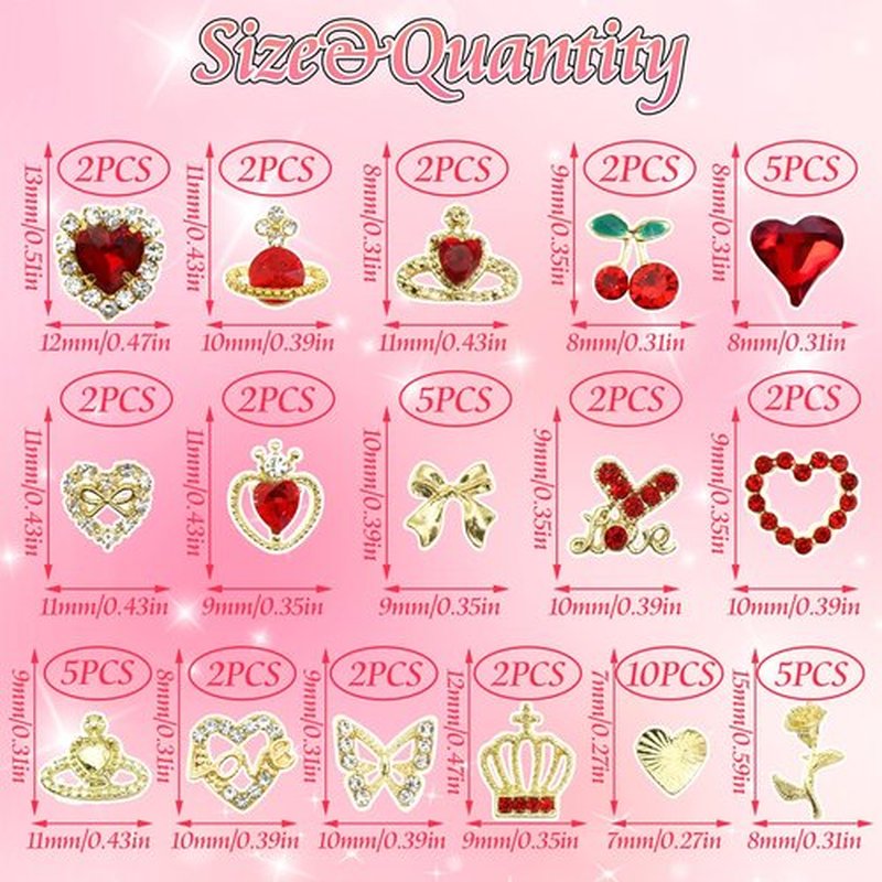 RODAKY 52PCS Valentines Nail Charms Red Heart Cherry Gems for Nails Metal Gold Butterfly Bows Roses Charms Jewelry Nail Art Accessories Supplies for Manicure DIY Design
