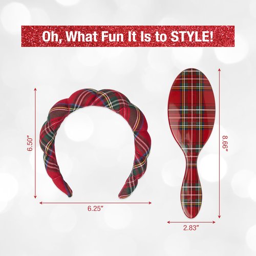 Conair Spa Tartan Headband & Detangle Cushion Brush 2pk Set - spa headband for washing face - Bubble headband - Makeup headband - GRWM headband - gifts for teen girls - stocking stuffers