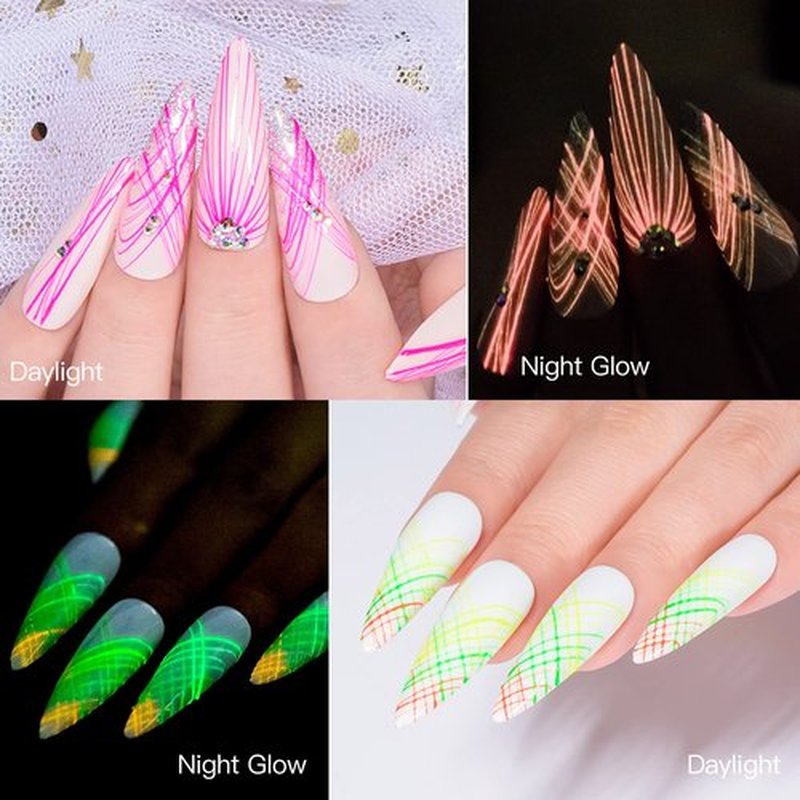 MEET ACROSS 6 Colors Luminous Spider Gel, Glow In The Dark Nail Art Drawing Gel for Line, Painting Elastic Drawing Spider for Nail Art, Soak off UV LED, DIY Manicure with Brushes