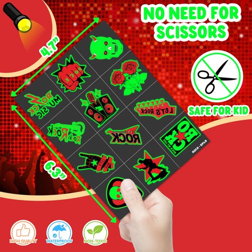 96 PCS Born to Rock and Roll Pre-Cut Luminous Glow in The Dark Temporary Tattoos for Kids | Super Cute Themed Birthday Party Favors Supplies Decorations, Music Fake Tattoos Gifts for Boys Girls