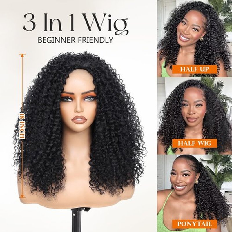 HUA Kinky Curly Half Wig for Black Women 180% Density 3 In 1 Seamless Flip Over Burmese Curly Half Wigs Protein Synthetic Hair Boast A Human Hair Like Touch 18 Inch Wear and Go Glueless Wigs Daily Use