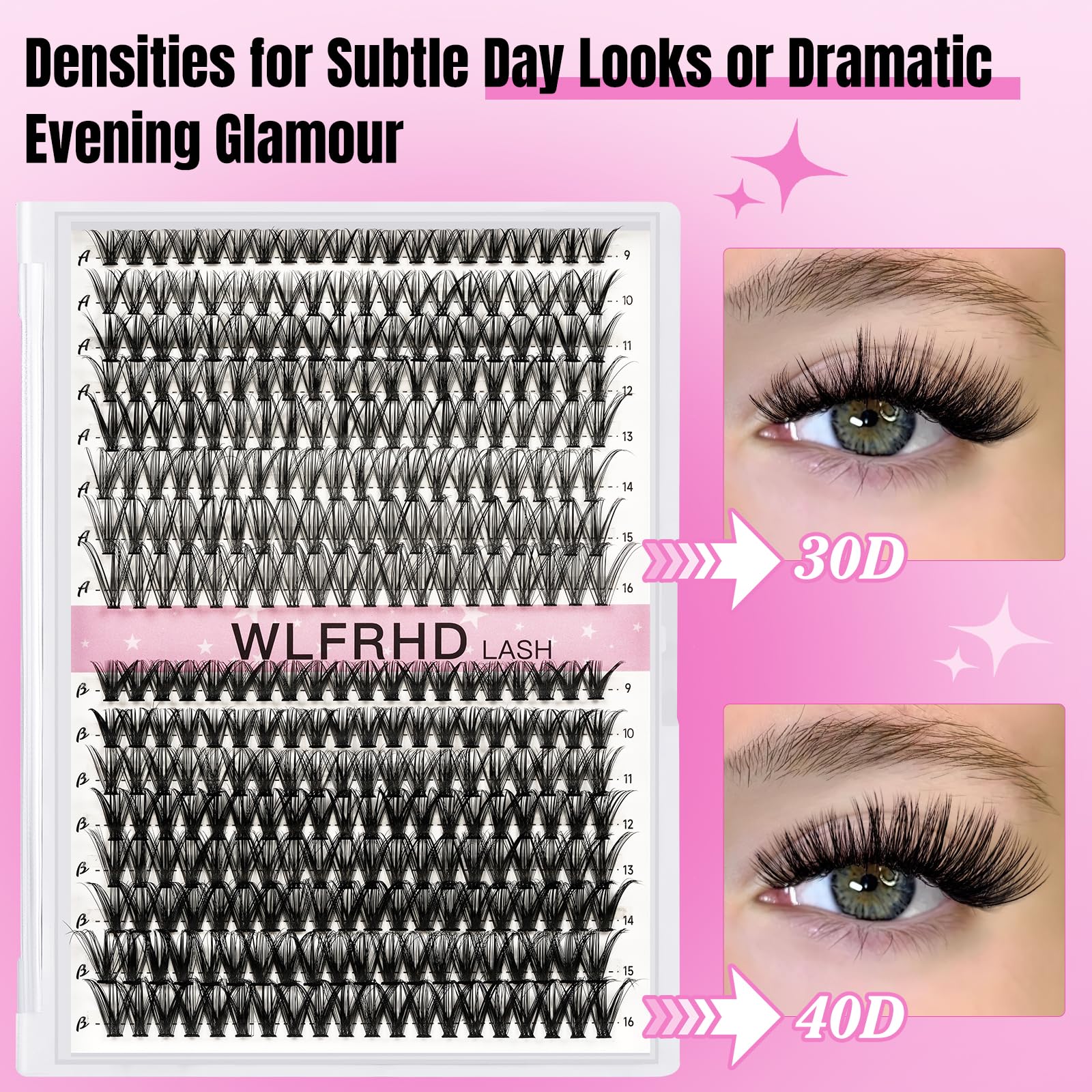 WLFRHD Lash Clusters Kit 320 Pcs D Curl DIY Natural Wispy Lashes Eyelashes Clusters Eyelash Extension Kit with Eyelash Bond and Seal, Remover & Tweezers (30D+40D, Mix9-16mm Kit)