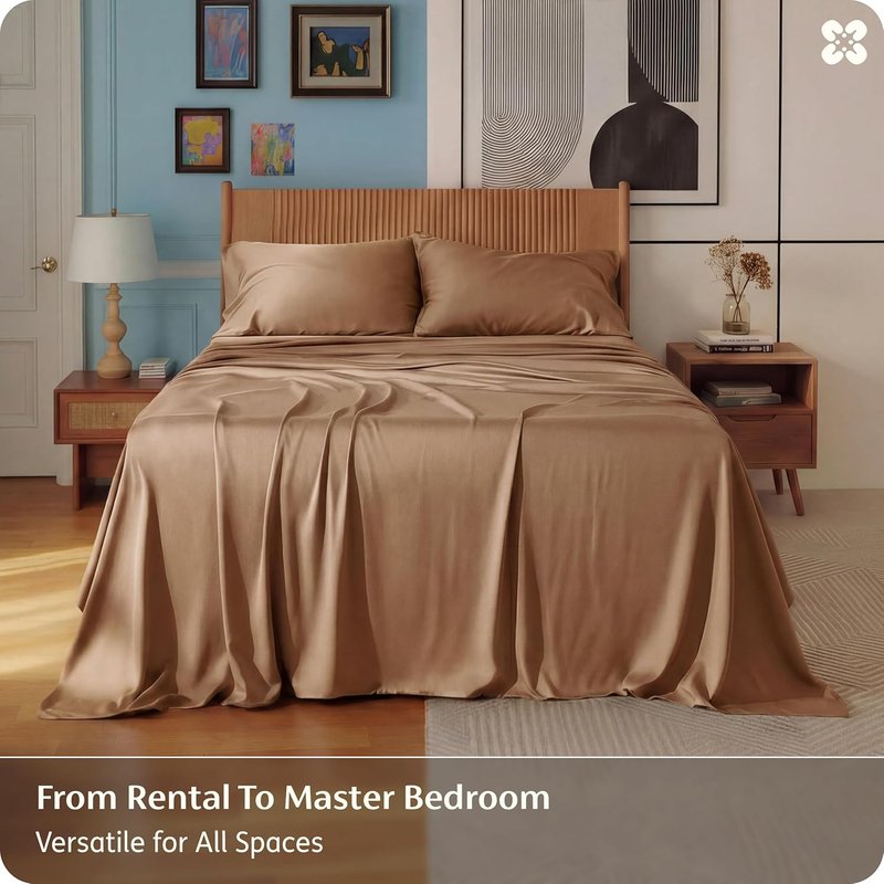 Bedsure Queen Sheet Set - Cooling Rayon from Bamboo | Breathable, Soft & Silky Bedding - Khaki, Deep Pocket Up to 16 Inches