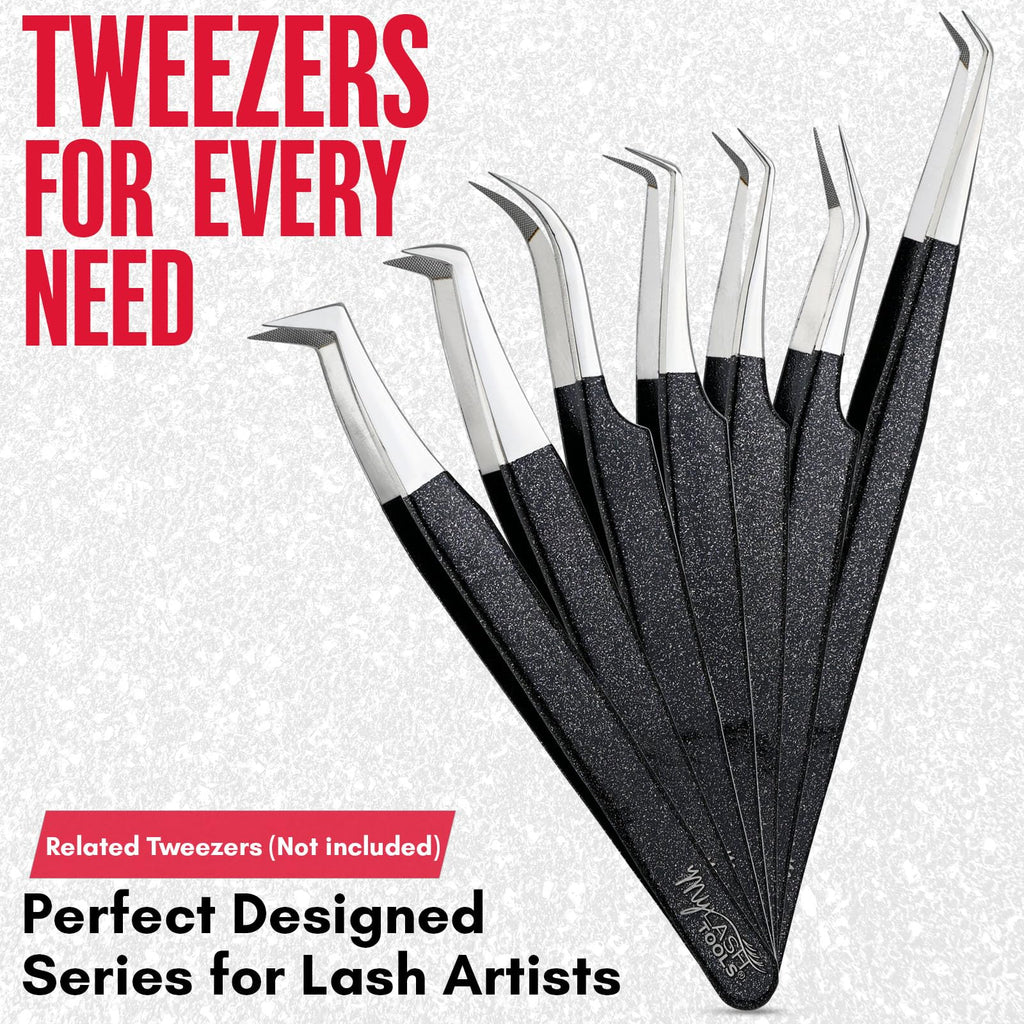 My Lash Tools Curved Classic Fiber Tip Lash Tweezers – 12cm Eyelash Extension Tweezer with Fine Curved Nano Grip Tip, Stainless Steel, Non-Slip Handle (Black)