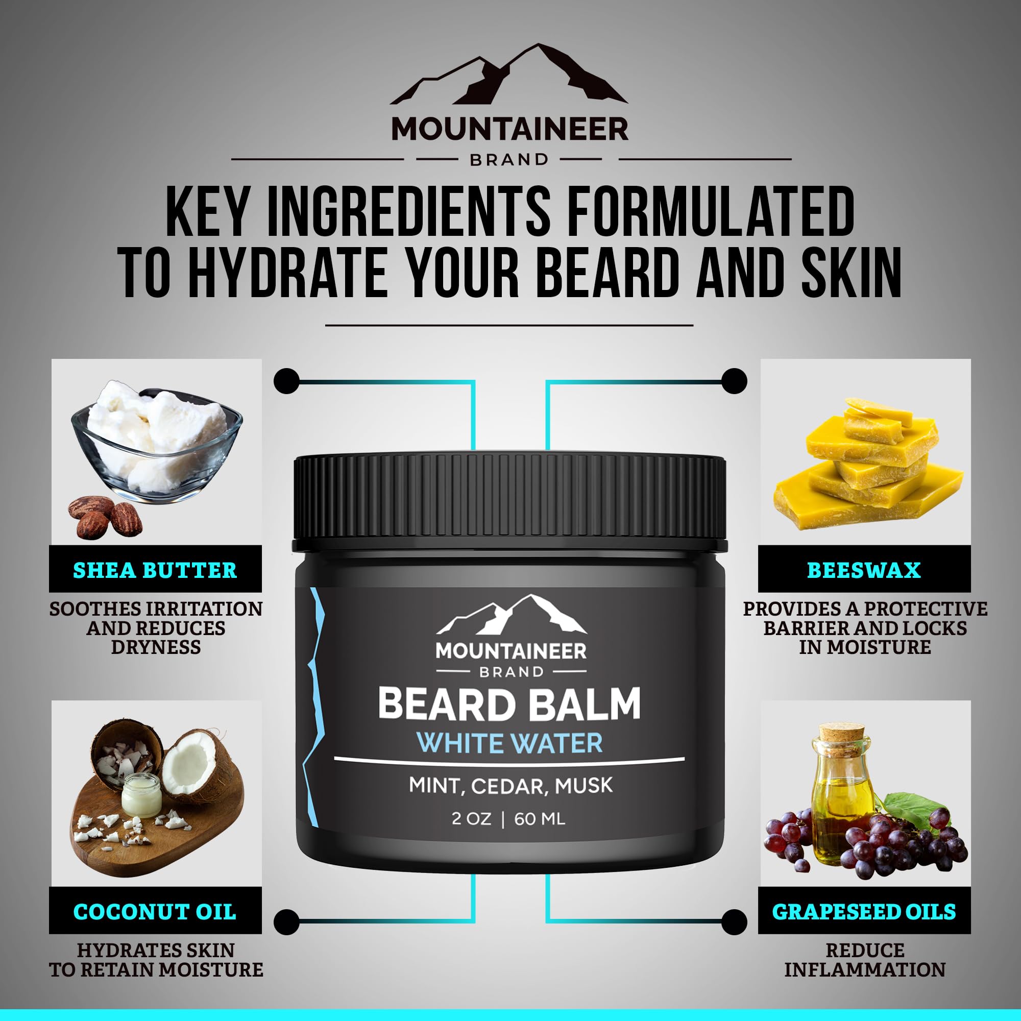 Mountaineer Brand Natural Beard Balm with White Water Scent | Scents Inspired by Nature | Beard Butter for Men | Leave in Condidtioner | Hydrates, Softens and Tames | Made in West Virginia | 2oz