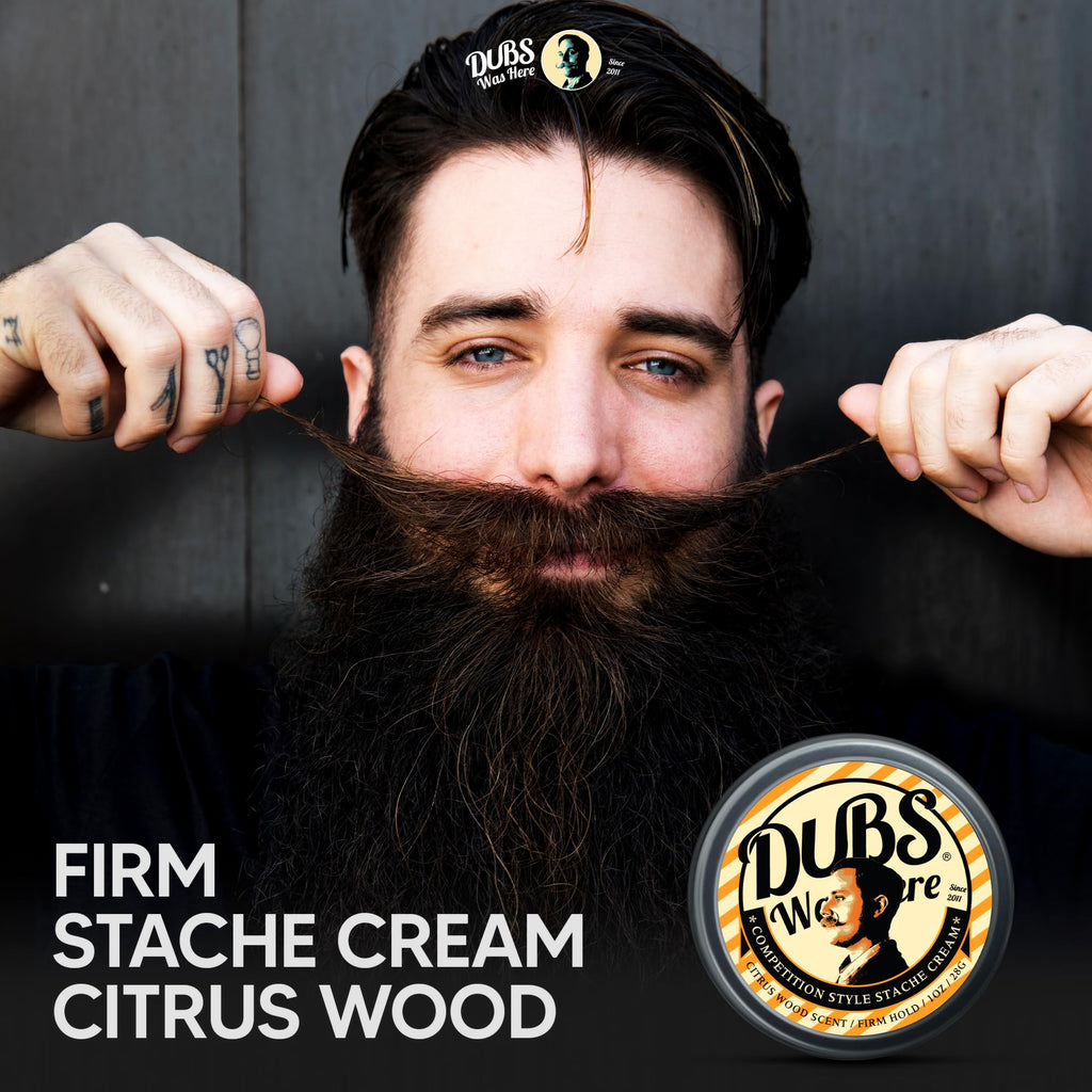 Dubs Was Here Mustache Wax Strong Hold | Competition Style Firm Stache Wax | Non-Greasy Grooming Gift for Men | Sandalwood/Bergamot Citrus Wood Scent | 1 oz Tin | Made in USA