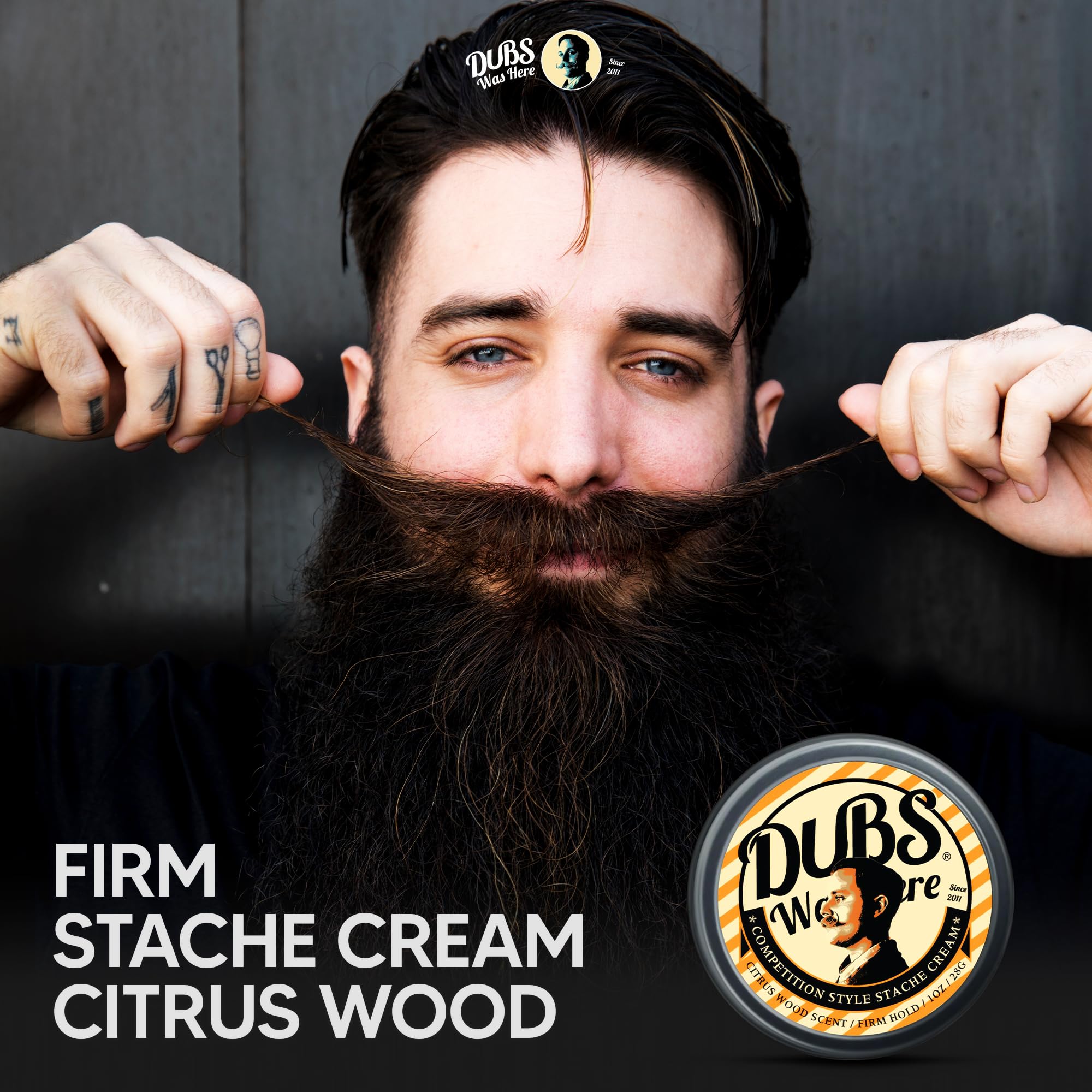 Dubs Was Here Mustache Wax Strong Hold | Competition Style Firm Stache Wax | Non-Greasy Grooming Gift for Men | Sandalwood/Bergamot Citrus Wood Scent | 1 oz Tin | Made in USA