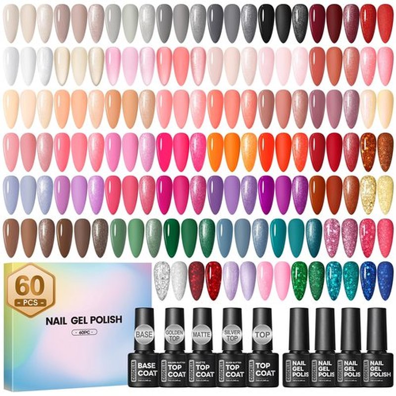COSCELIA 60 PCS Gel Nail Polish Set, 55 Colors Gel Nail Polish with 5pcs Top Base Coat All Seasons Nail Polish Kit Winter Spring Full Colors Manicure Nail Art Valentines Day Gifts for Women Girls