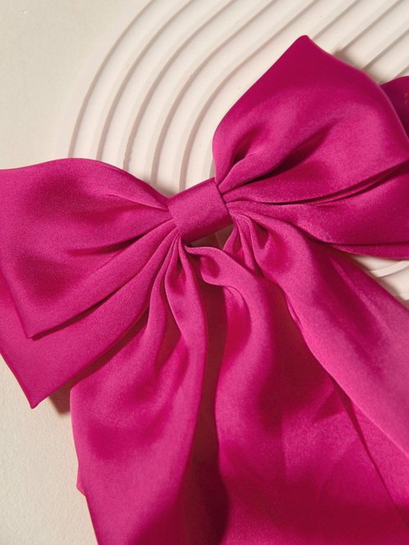 Pink Hair Bow for Women - Furling Pompoms Pack of 2 Hot Pink Bow Clips for Hair,Satin Big Bows Long Tail Alligator Clip Ribbon Large Pink Hair Accessories for Girls Women Teens