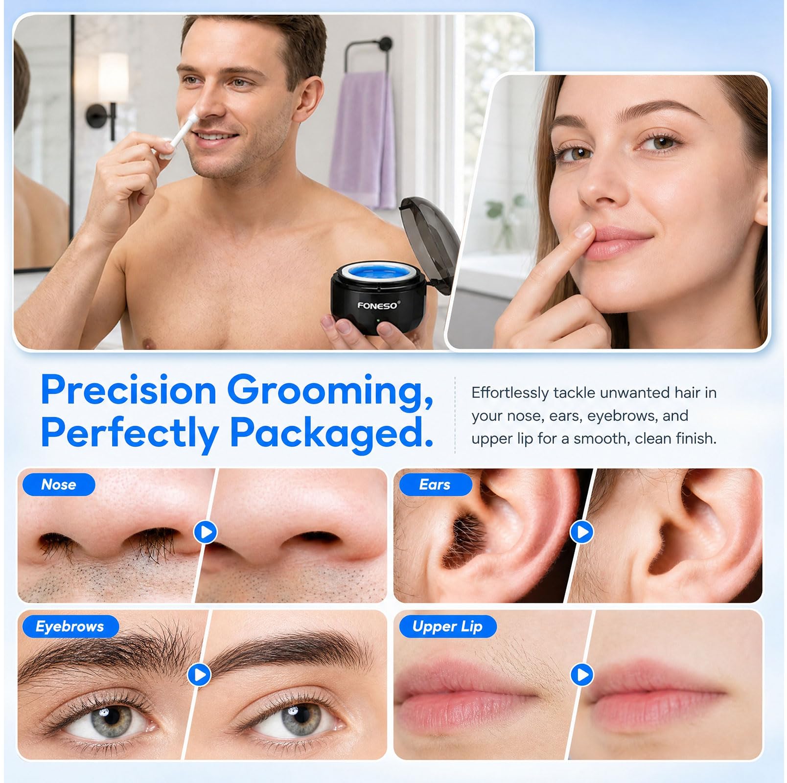 FONESO Nose Wax Kit for Men and Women, Smart Temperature Control Hair Removal Tool with USB Fast Heating, Complete Ear Hair Wax Removal Kit with 200g Wax Beads & 56 Pcs Accessories