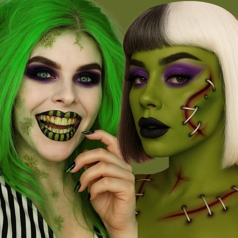 Halloween Beetle-juice Makeup & Frankenstein Makeup Kit, Face Paint SFX Character Set with Black Lipstick & Applicators for Ghost, Zombie, Grinch Special Effects Make Up, Costume Cosplay Party & Stage